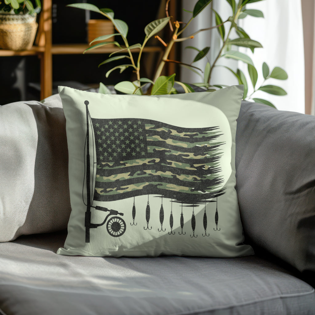 Camo American flag SVG with grunge texture and fishing lures
