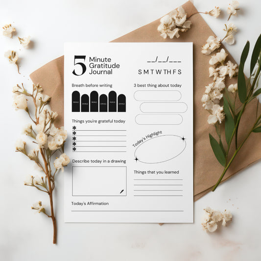 5-Minute Gratitude Journal Printable PDF with breathing exercises
