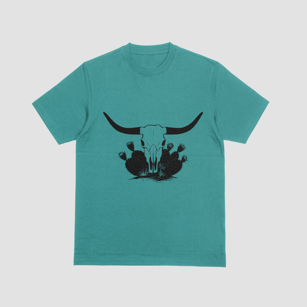 "Silhouette of Bull Skull Surrounded by Flowering Cacti Art"