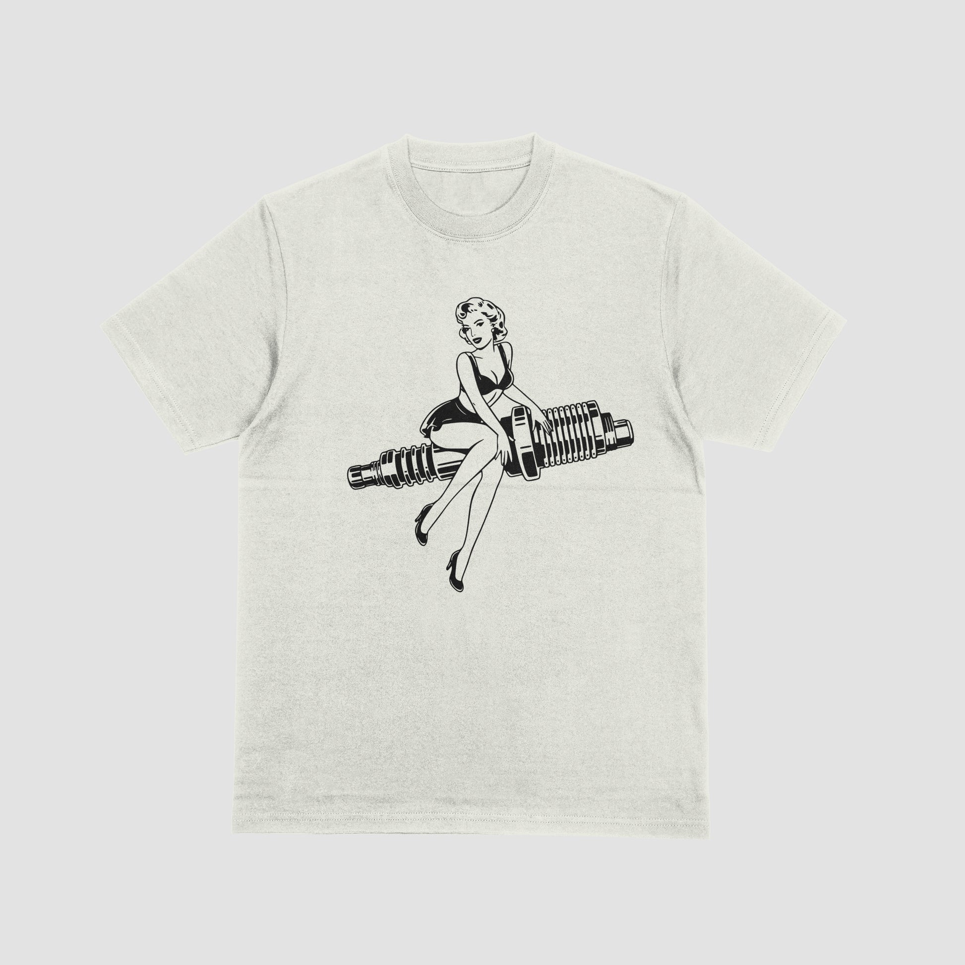 Vintage pin-up girl sitting on spark plug silhouette