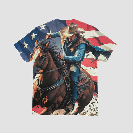 "Illustration of Cowboy and Horse Against U.S. Flag"