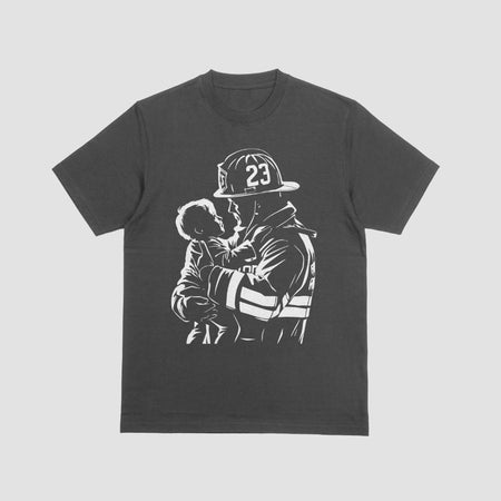 "Heroic Firefighter Silhouette with Child in Rescue Scene"