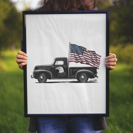 "Monochrome illustration of a vintage black truck with American flag and bald eagle."