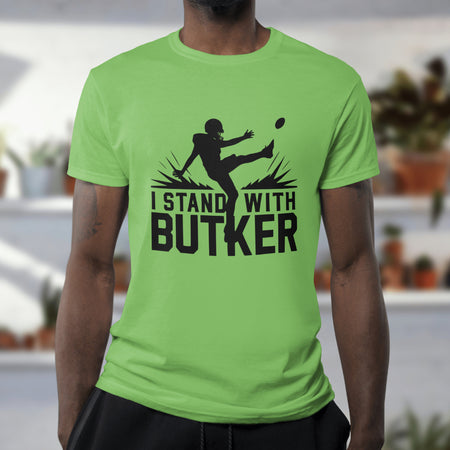 "Football Kicker Graphic with 'I Stand With Butker' Text"