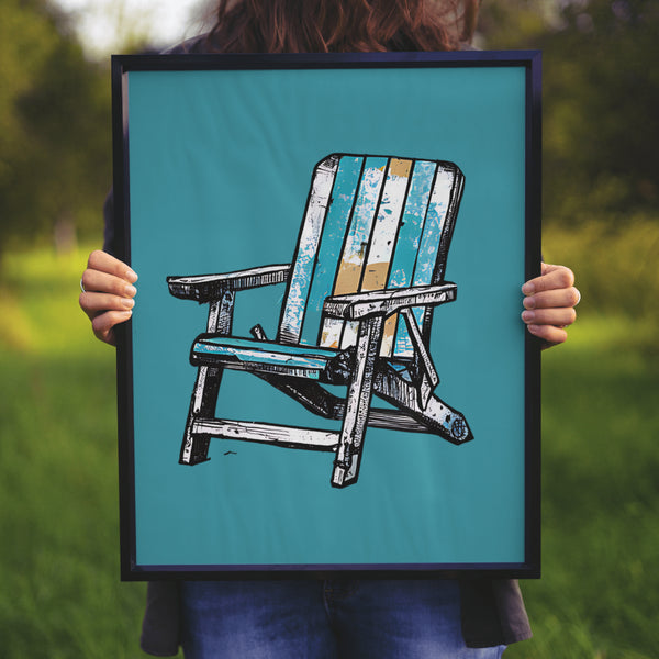 "JPEG image of wooden beach chair with white background, rustic blue and brown tint."