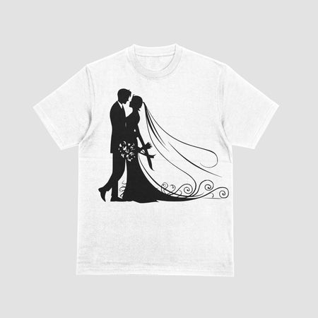 "Classic wedding couple graphic art in black silhouette on a plain background."