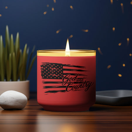 "Distressed American flag graphic with 'God and Country' in elegant cursive script."