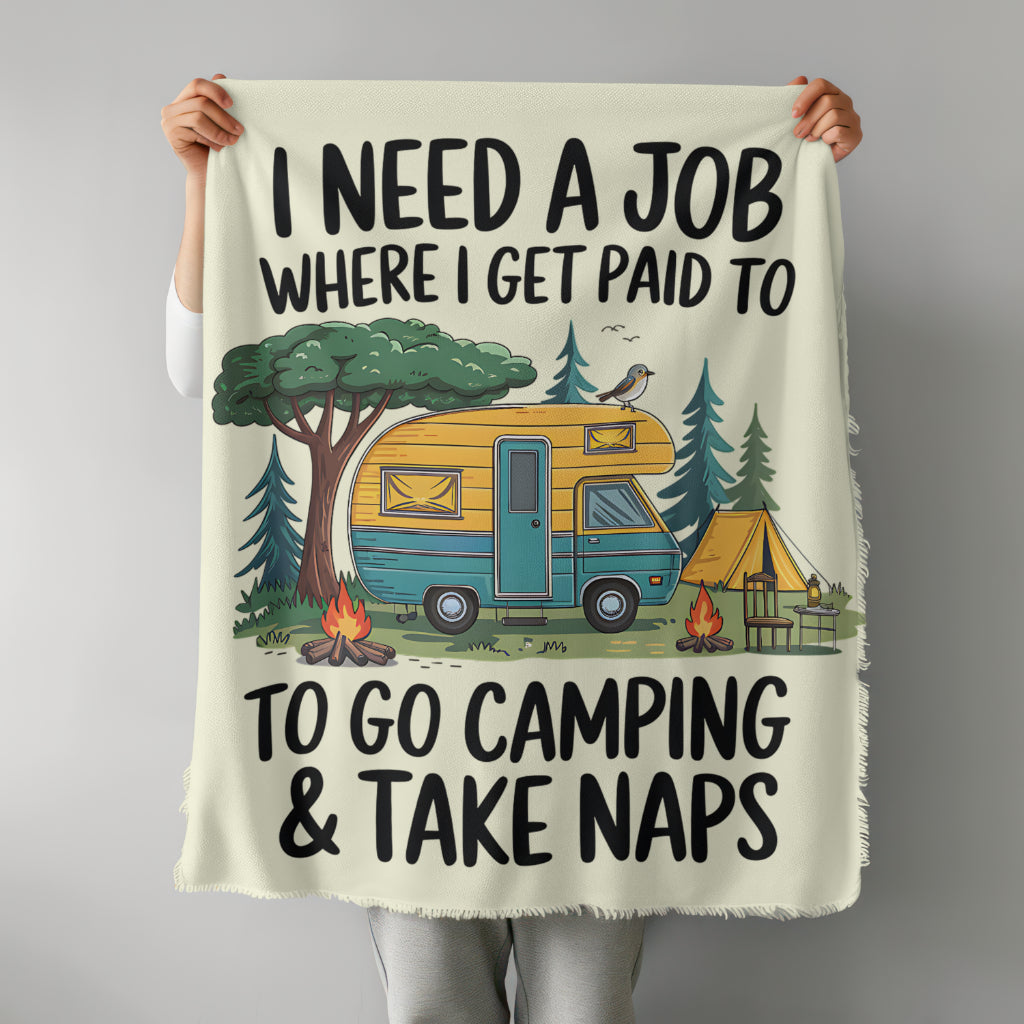 Camping scene clipart with colorful camper van and funny quote
