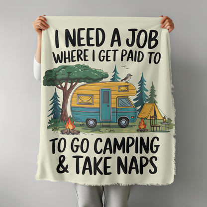 Camping scene clipart with colorful camper van and funny quote
