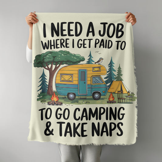 Camping scene clipart with colorful camper van and funny quote

