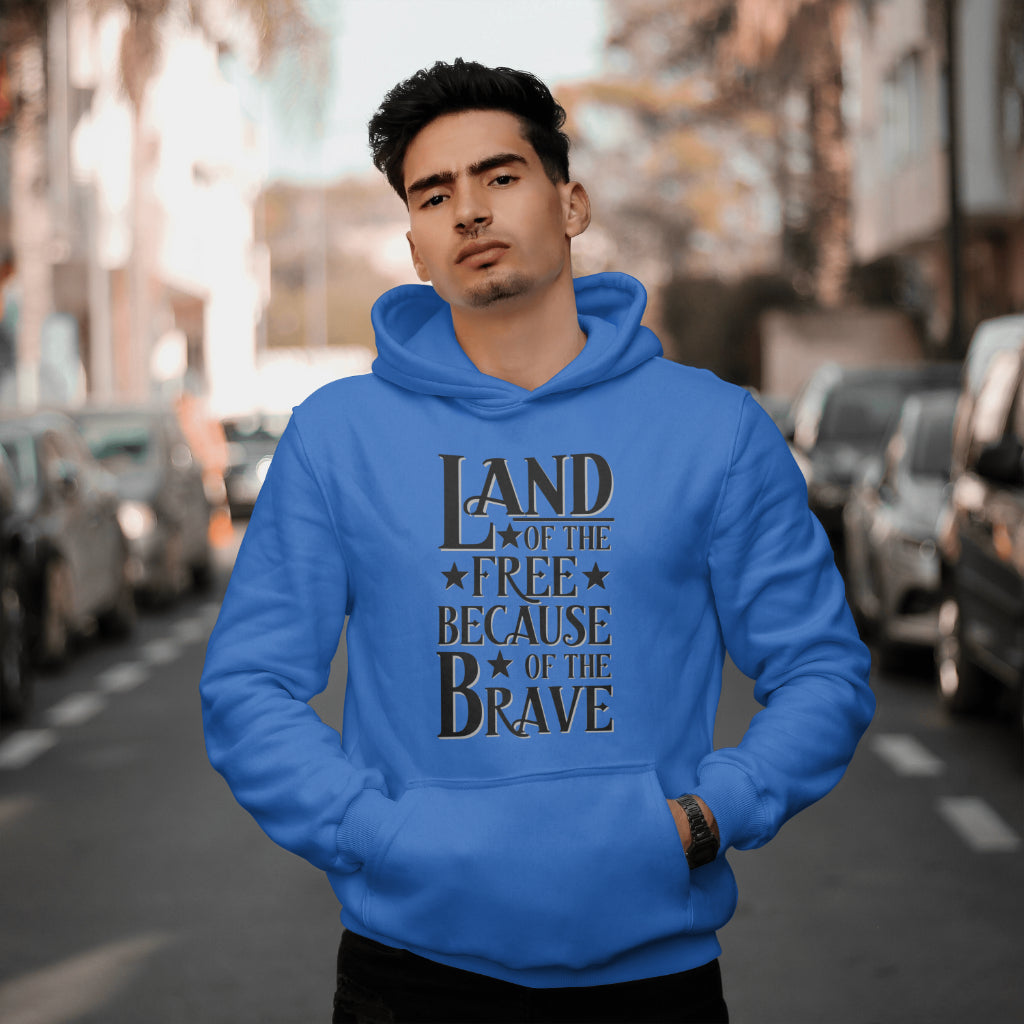 "Bold and intricate 'Land of the Free Because of the Brave' patriotic graphic."