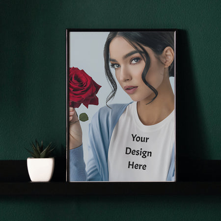 "Blank White T-Shirt Mockup on Woman with Blue Cardigan"