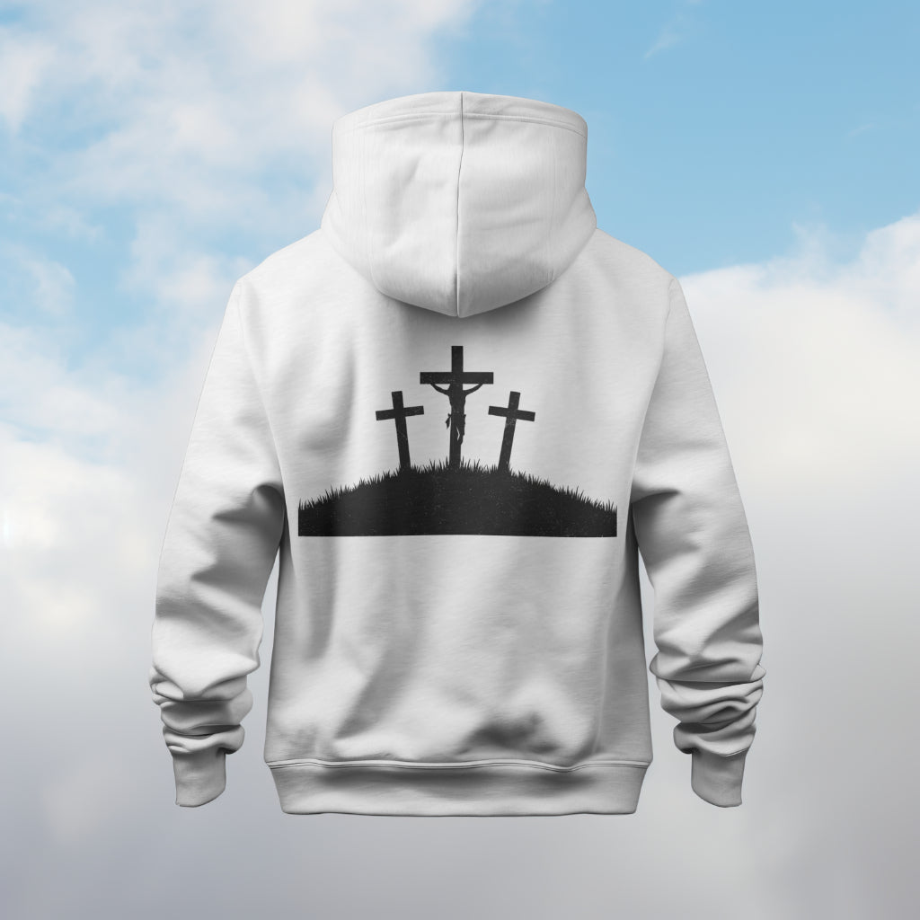 "Inspirational Christian silhouette of three crosses with a rustic, aged appearance."