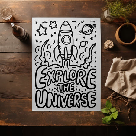 Hand-drawn rocket ship with smoke trails coloring page PNG
