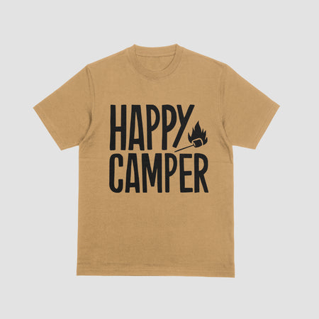 "Playful camping graphic art with 'HAPPY camper' text and marshmallow roasting scene."