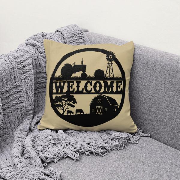 Tractor and Barn Welcome Farm Sign PDF on pillow