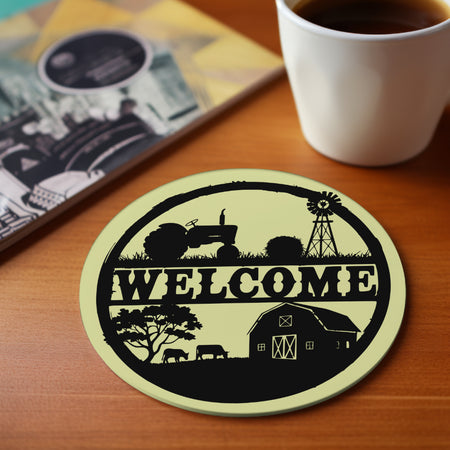 Rustic Circular Farm Welcome Sign for Laser Engraving on a coaster