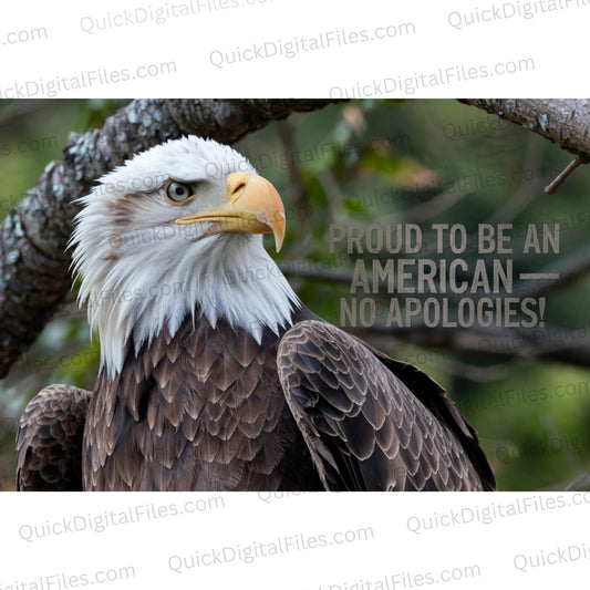 Bald eagle photo with bold metallic-style "Proud to Be an American" text
