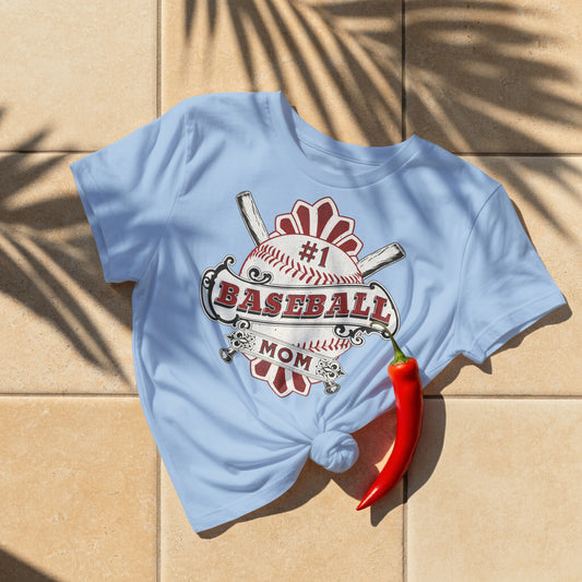 Light blue t-shirt with 'Baseball Mom' design on a beige surface