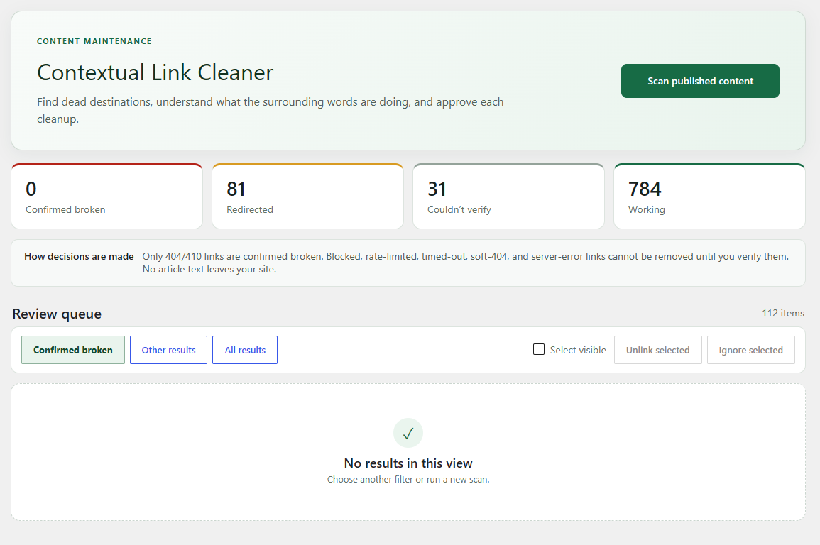 Broken Link Cleanup Pro WordPress plugin dashboard