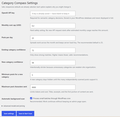 Category Compass AI WordPress dashboard