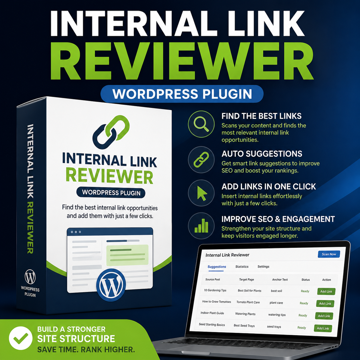 Promotional graphic for the Internal Link Reviewer WordPress plugin, showing a product box, a laptop screen displaying the plugin interface, and descriptive text on a dark blue background.
