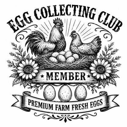 Vintage-style logo for 'Egg Collecting Club' with rooster, hen, and eggs.