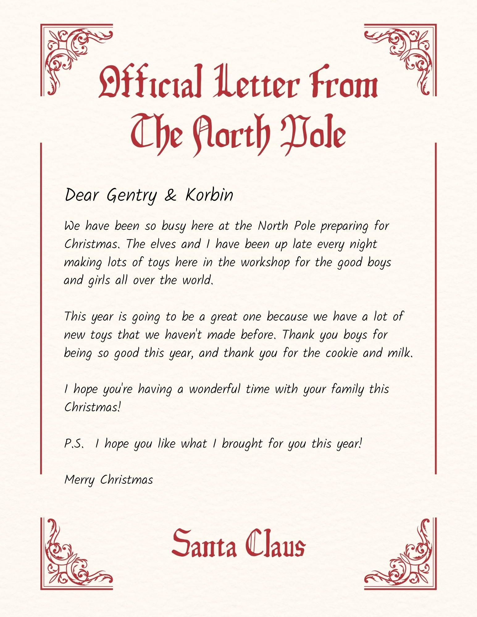 Personalized North Pole Official Letter from Santa Digital Template