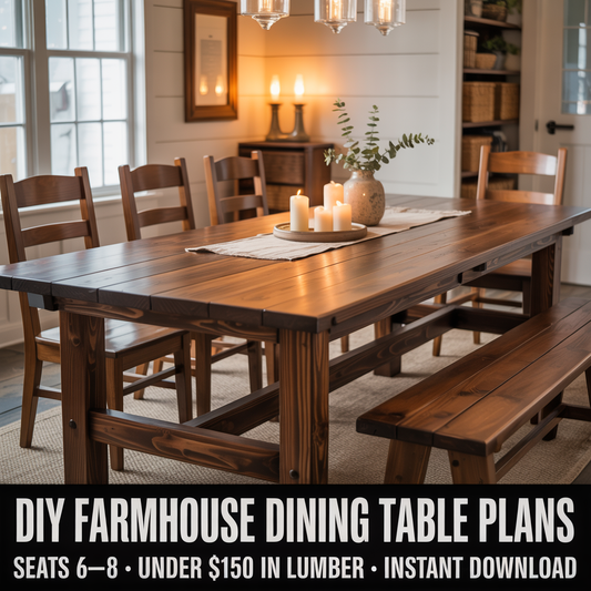Finished DIY farmhouse dining table in solid pine with dark walnut stain, seats 6–8, styled with candles and centerpiece
