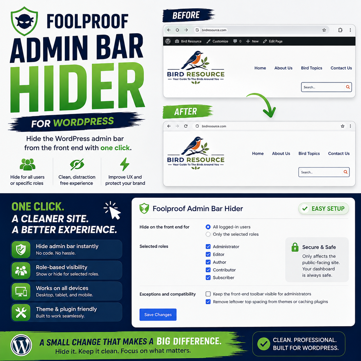 Foolproof Admin Bar Hider WordPress settings page