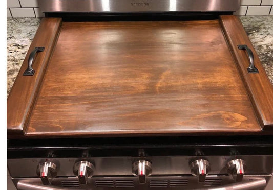 Rustic wood stove top cover with farmhouse design
