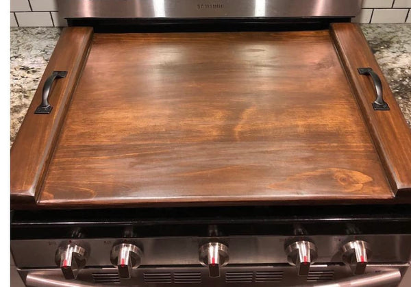 Rustic wood stove top cover with farmhouse design
