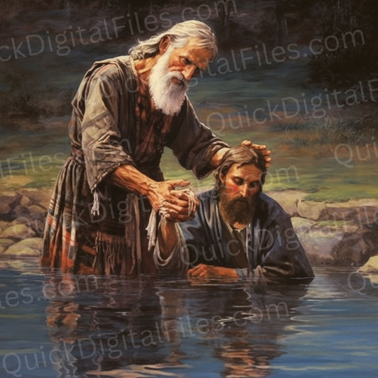John the Baptist and Jesus in water painted style image