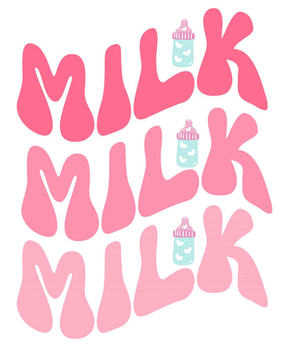 Cute pink bubble font "MILK" with bottle accents JPEG.