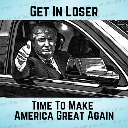 "Make America Great Again" slogan art with Trump in car illustration