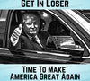 "Trump giving thumbs up in car" digital artwork with MAGA slogan