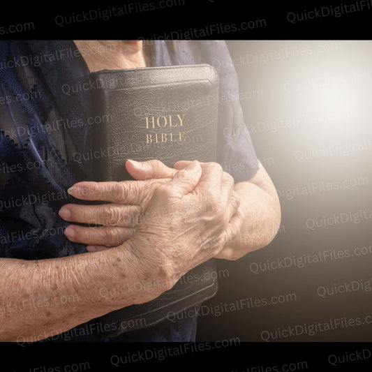 "Elderly woman holding Holy Bible PNG photo for spiritual reflection."