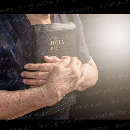 "High-resolution image of older woman with Bible for religious projects."