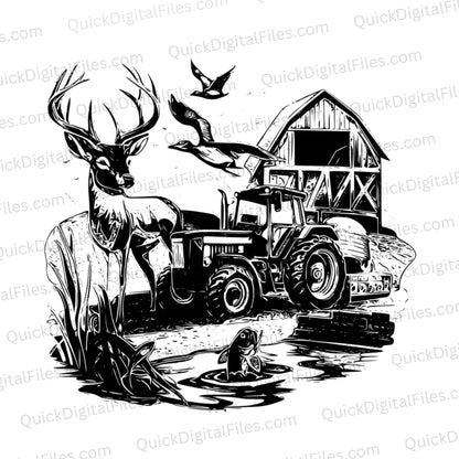 Country farm scene SVG with barn, tractor, pond, ducks, and deer for rustic-themed crafts