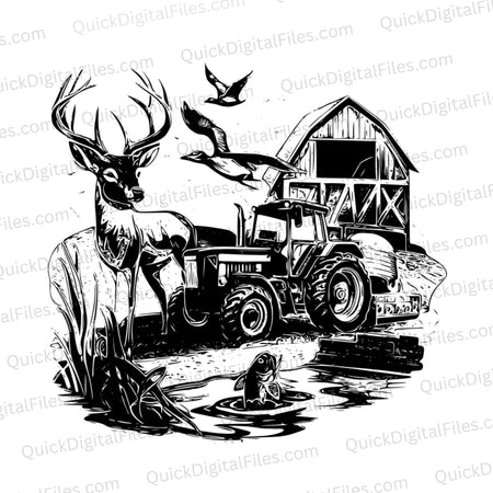 Country farm scene SVG with barn, tractor, pond, ducks, and deer for rustic-themed crafts