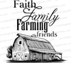 Country barn with "Faith, Family, Farming, Friends" SVG graphic for rustic home decor