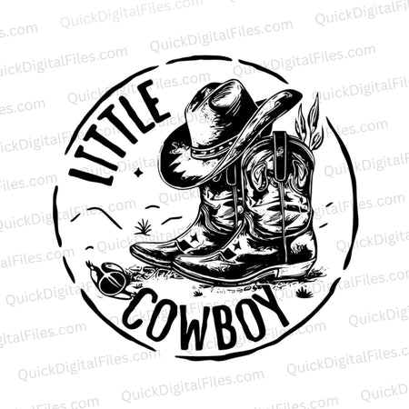 Rustic black-and-white cowboy boots and hat vector for nursery decor