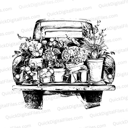 Charming vintage truck filled with flower pots silhouette for crafting