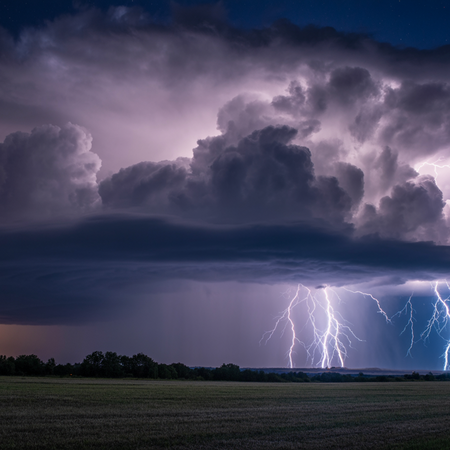 Nighttime Lightning Storm Over Field – 6s Cinematic Weather Stock Video