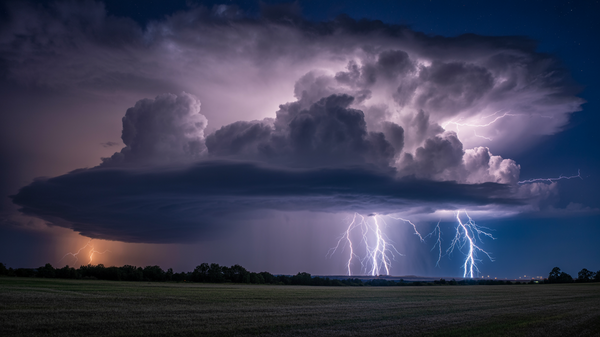 Nighttime Lightning Storm Over Field – 6s Cinematic Weather Stock Video