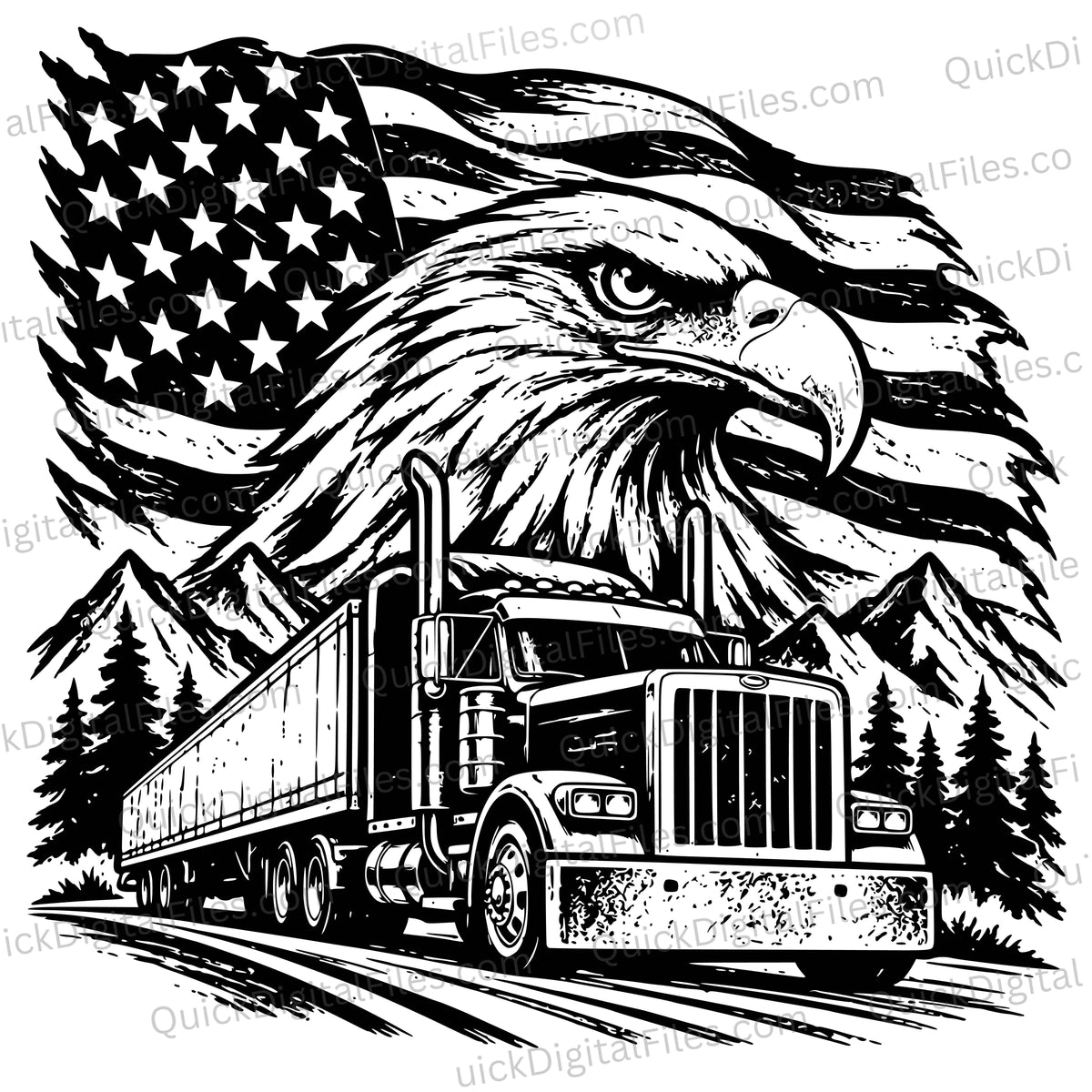 Patriotic semi truck SVG with American flag and bald eagle