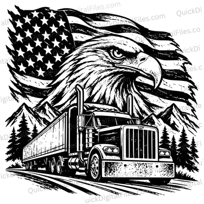 Patriotic semi truck SVG with American flag and bald eagle