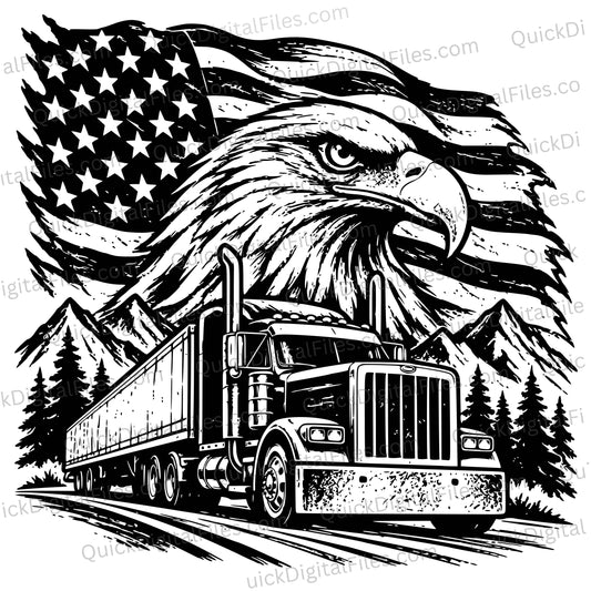 Patriotic semi truck SVG with American flag and bald eagle
