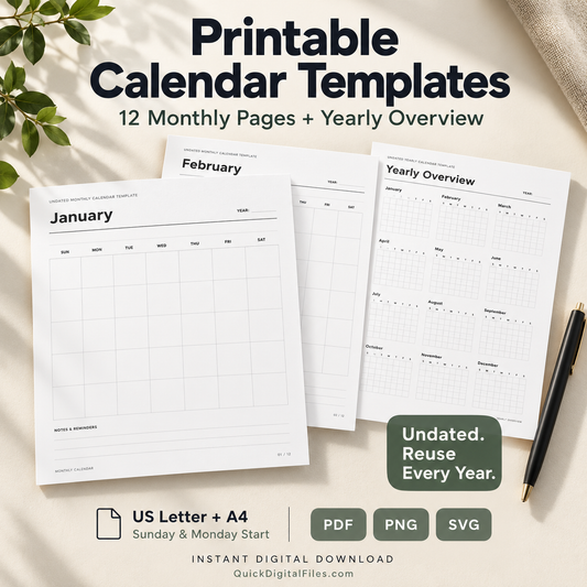 Printable monthly calendar template with blank date boxes