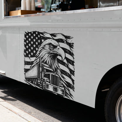 A black and white graphic decal on the side of a white food truck, featuring an eagle head, American flag, mountains, pine trees, and a semi-truck.